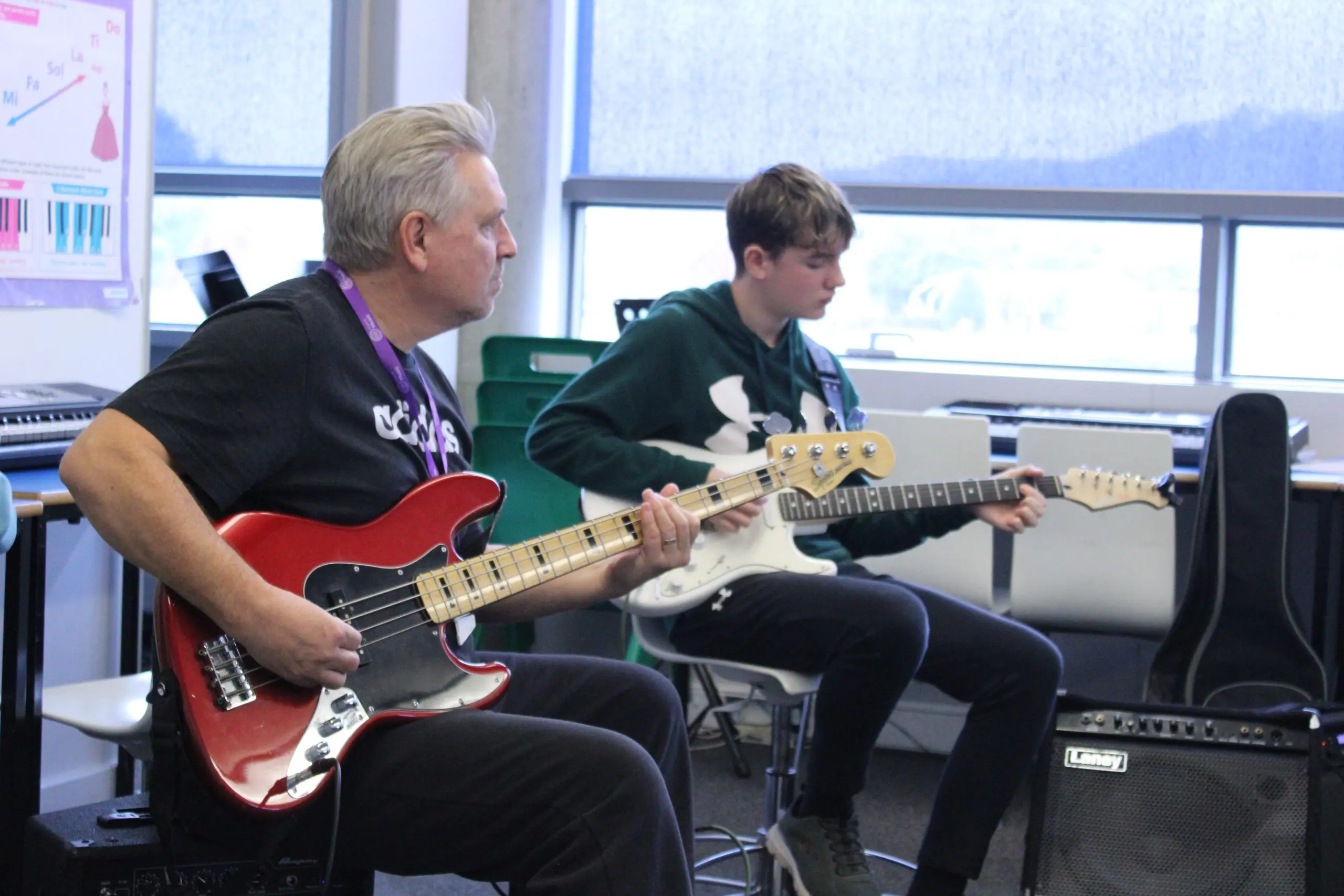 Male tutor teaching electric guitar in the Folkestone Music Lab