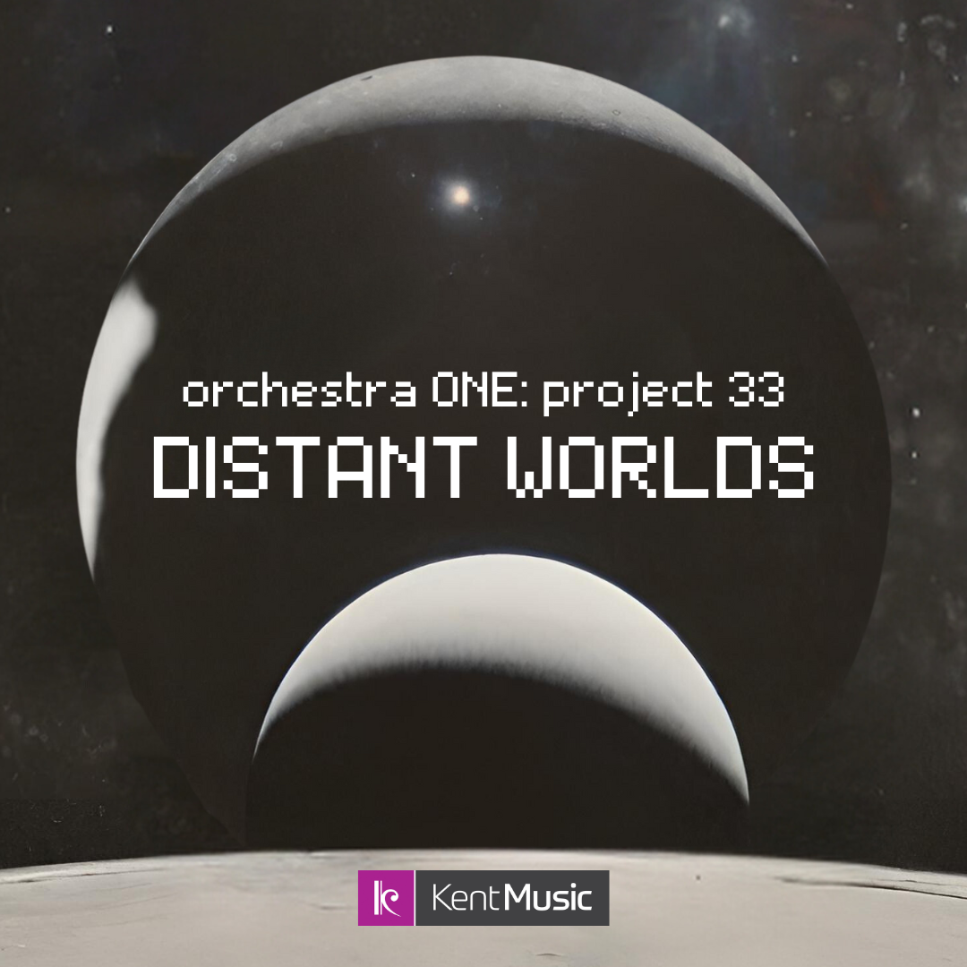 an image showing the outlines of planets as if seen from space in shades of black and grey. Text reads 'Orchestra ONE: project 33 DISTANT LANDS' in a pixelated sci fi font